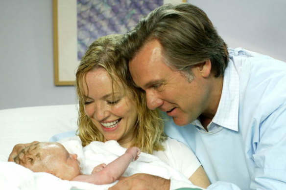 Julie (Rebecca Gibney) and Dave (Thomson) welcome their daughter, Ruby, to the world in “Packed to the Rafters”.