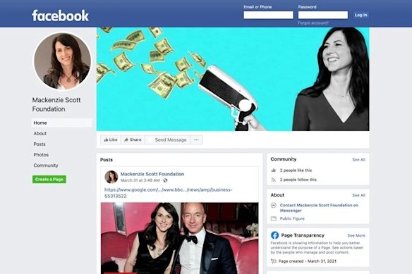 A recent Facebook page that falsely associates itself with Ms Scott. The “Mackenzie Scott Foundation” does not exist.