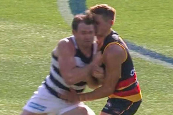 Patrick Dangerfield was banned for this bump but played in a practice match.