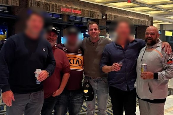 CTG Aboriginal Health Services chief executive Phil Naden (far right), executive officer Beau Ewers (third from right) and chairman Brendon Harris (second from left) at the Dawg House sports Bar in Las Vegas.