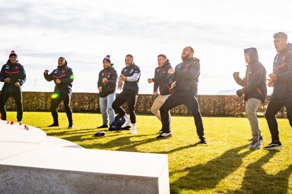 Moving: The Roosters' New Zealand players perform an emotional haka in France.