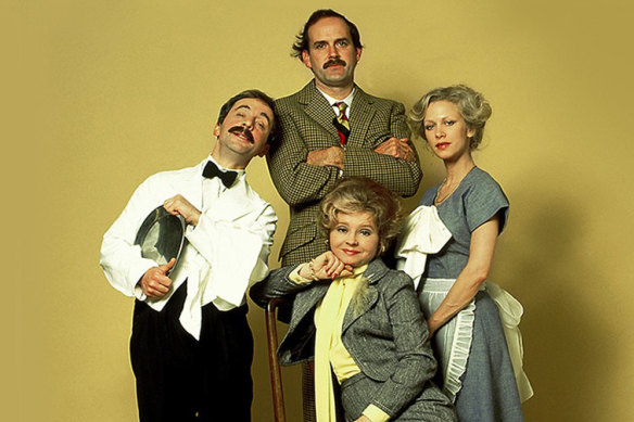 The Fawlty Towers cast: Andrew Sachs as Manuel; John Cleese as Basil; Connie Booth as Polly and Prunella Scales as Sybil.