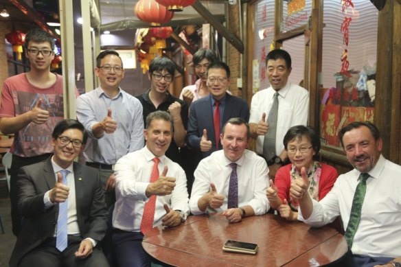 WA Premier Mark McGowan, centre, with former Chinese consul-general Dong Zhihua, second from right. Australian Chinese Times owner Edward Zhang and Chung Wah president Ting Chen stand behind him, first and second from right. 