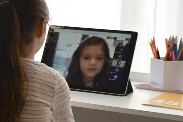 Evie Macheda, five, learns from home on the first day of term two.