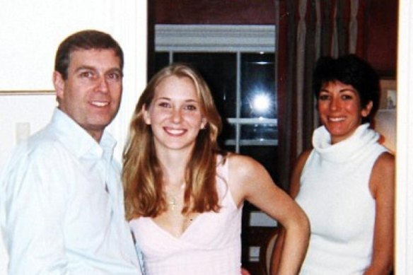 Prince Andrew with the then-Virginia Giuffre at the London townhouse of Ghislaine Maxwell, on right. 