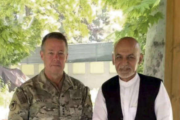 Army General Austin Miller, the US’ top general in Afghanistan, meeting with Afghan President Ashraf Ghani at the presidential palace in Kabul, on Friday July 2, 2021.