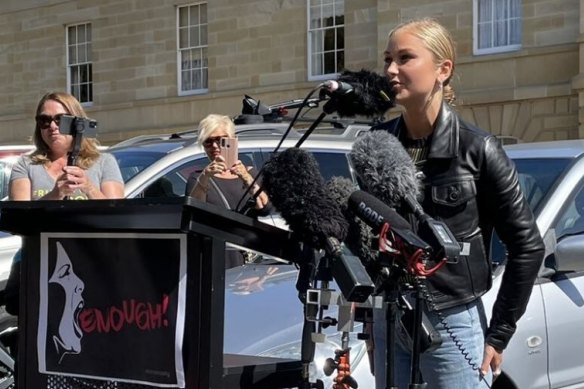 Grace Tame speaking at Hobart’s March 4 Justice.