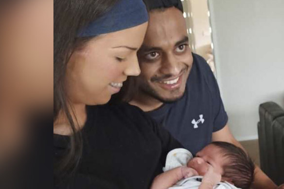 Abbey Forrest, Inderpal Singh and their baby daughter Ivy.
