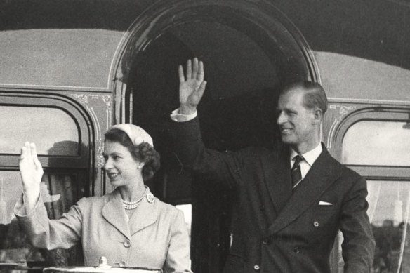The Queen and Prince Philip on the royal train at Central Station in 1954.
