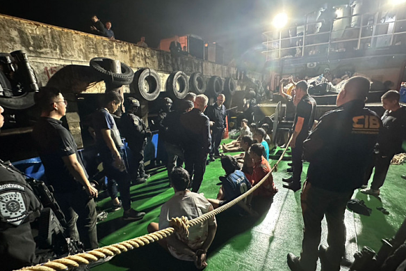 Pictures showing the arrest of 13 crew on a tugboat in Phuket in December after the discovery of two tonnes of meth, bound for the Philippines and Australia.