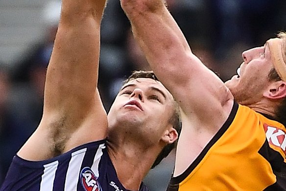 Sean Darcy and Ben McEvoy compete for the ball. 