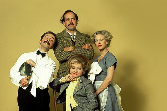 Fawlty Towers: Basil Fawlty (John Cleese), Manuel (Andrew Sachs), Sybil Fawlty (Prunella Scales) and Polly (Connie Booth).