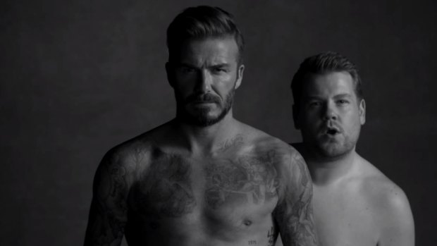 David Beckham and James Corden in their spoof advertisement for "D&J Briefs".