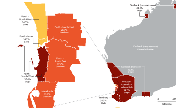 The prevalence of obesity in Western Australia by region (not counting those who are overweight). 