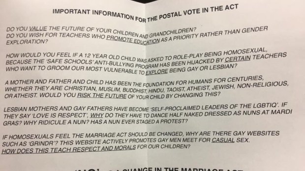 An anti same-sex marriage and Safe Schools pamphlet left in a Turner letterbox.