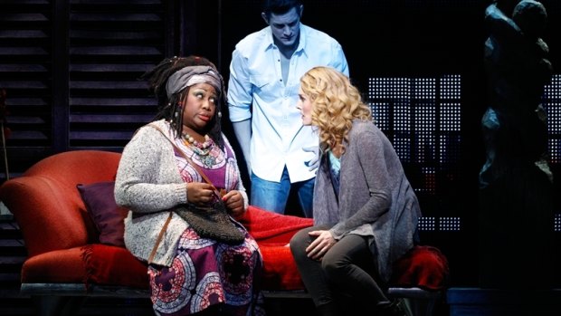 Wendy Mae Brown playing psychic Oda Mae Brown with Rob Mills and Jemma Rix in Ghost the Musical.