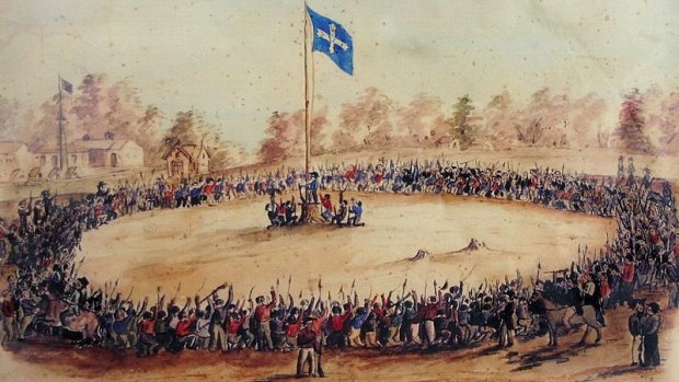 A contemporary sketch by Charles Doudiet shows the Eureka rebels swearing allegiance to the flag of the Southern Cross at Bakery Hill in Ballarat. 