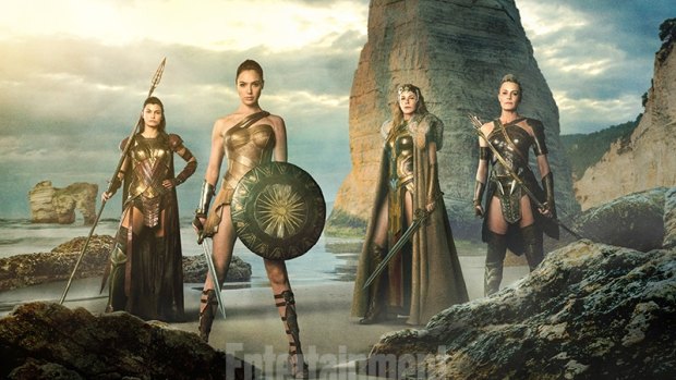 Wonder Woman (Gal Gadot),  Queen Hippolyta (Connie Nielsen), and aunts Antiope (Wright) and Menalippe (Lisa Loven Kongsli).