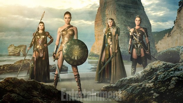 Wonder Woman (Gal Gadot),  Queen Hippolyta (Connie Nielsen), and aunts Antiope (Wright) and Menalippe (Lisa Loven Kongsli)