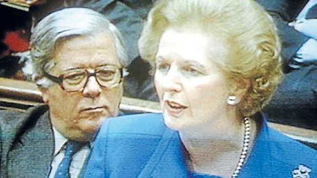 Jeffrey Howe, seated at Westminster behind Margaret Thatcher. 