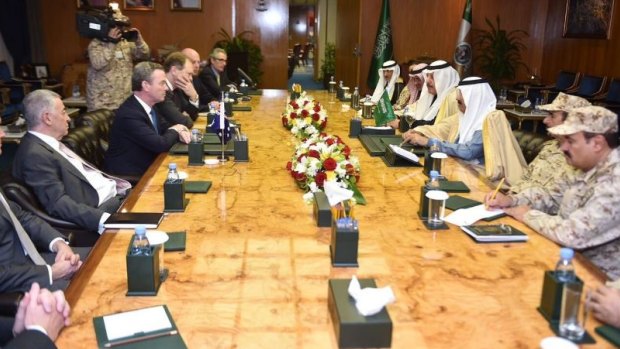 Christopher Pyne and a delegation of Australian defence firms meet high-ranking Saudi officials headed by National Guard Minister Prince Mutaib bin Abdullah in Riyadh in December 2016.