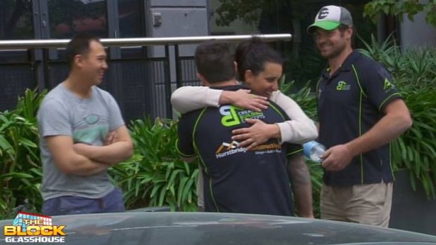 Chris and Jenna share hugs with tradies after they took issue with not being paid.