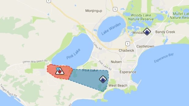The fire zone as at 5.10pm Wednesday. For updates please see the EmergencyWA website or call 13 3337