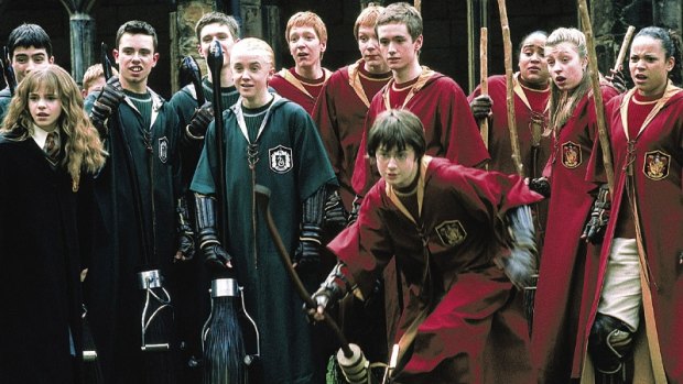 A Quidditch scene from Harry Potter. 