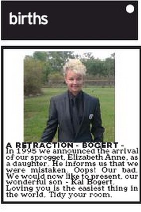 Parents of Jimboomba resident Kai Bogert published in The Courier-Mail. Screen grab of the ad.