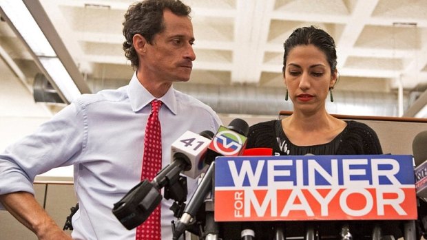 Stand by me: Disgraced politician Anthony Weiner with his wife Huma Abedin in the bizarre documentary Weiner.