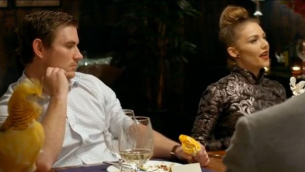 An unhappy Dave on the group dinner date with Bachelorette Sam Frost.