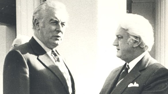 In better times: Gough Whitlam (L) speaking to Sir John Kerr.