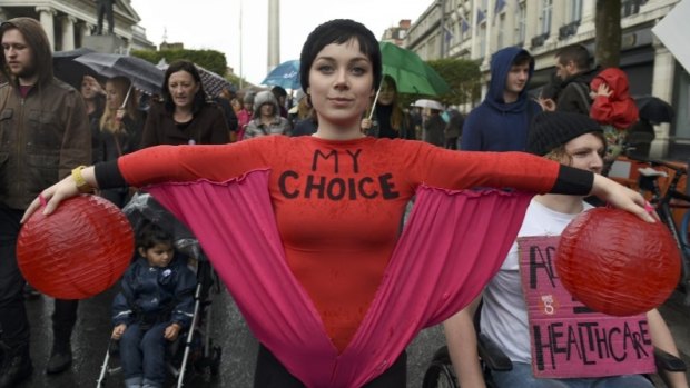 A protester creatively dressed at the demonstration calling for a referendum to repeal Ireland's abortion restrictions. 