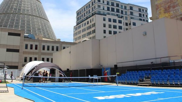 A tennis court set up on the roof of Melbourne Central shopping centre in 2014.