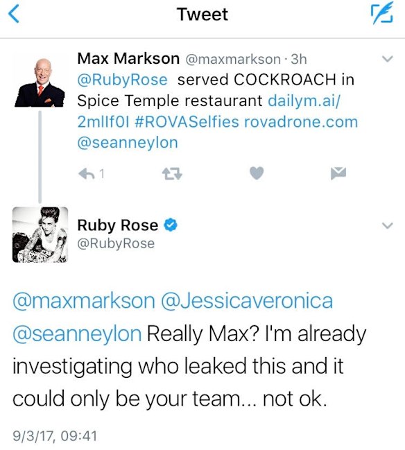 Ruby Rose turns on publicist Max Markson for leaking 'cockroach dinner ...