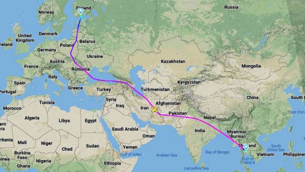 Finnair's new route from Helsinki to Bangkok, avoiding Russian airspace.