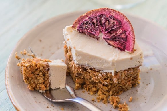 Raw carrot cake, made without gluten, sugar or dairy products. 