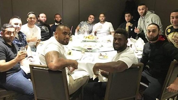 Dinner at The Century: Rafat Alameddine (fifth from left in black shirt) and former bikie Paulie Younan (sixth from left at back of table) pictured with Corey Norman, James Segeyaro and Junior Paulo.