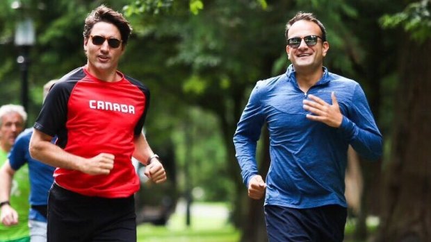 The diplomacy jog ... Trudeau and Varadkar jog it out. 