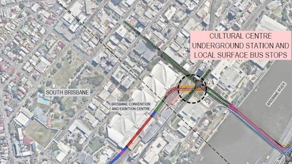 The proposed location of the Brisbane Metro's South Brisbane station, which will be seven metres underground.