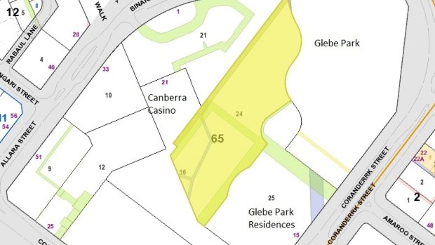 A map showing the Glebe Park section bought by the ACT government for $4.2 million.

