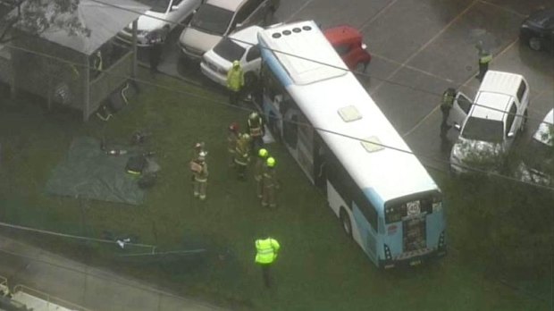 The bus mounted a grass embankment and hit several parked cars.