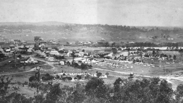 The cemetery is visible in the centre of this panoramic image of Brisbane taken from Enoggera Road in 1874.