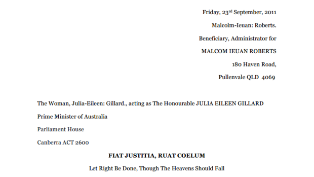The header of an eight-page affidavit Malcolm Roberts sent to Julia Gillard about the carbon tax.