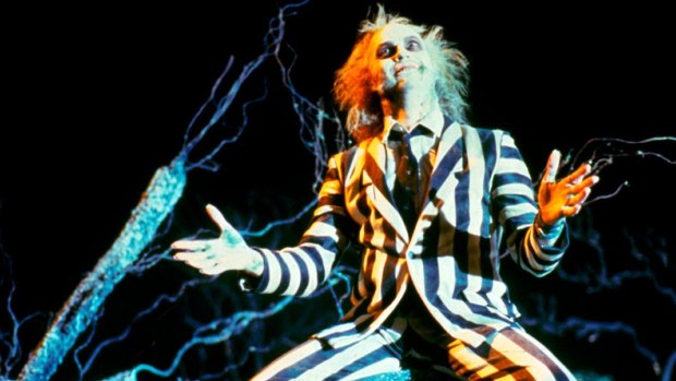 Michael Keaton as the ghost Betelgeuse in Tim Burton's 1988 horror comedy <i>Beetlejuice</I>.