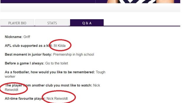 Griffin Lougue's player profile reveals he is a big fan of Nick Reiwoldt.