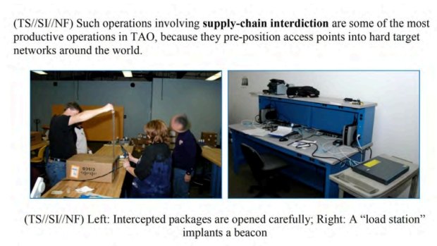 NSA staff are shown intercepting a Cisco package.