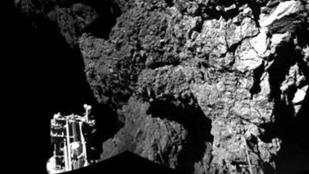 The first picture sent back of the Philae lander on the comet.

