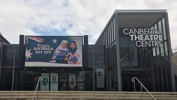 Online threats were made against the Canberra Theatre Centre digital billboard for showing an image of two Muslim children celebrating Australia Day.