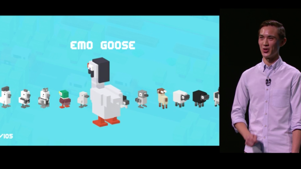 Hipster Whale's Andy Sum demonstrates <i>Crossy Road</i> on the Apple TV.